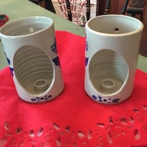 Williamsburg Handcrafted Pottery Candle Holders with Blue Floral Design